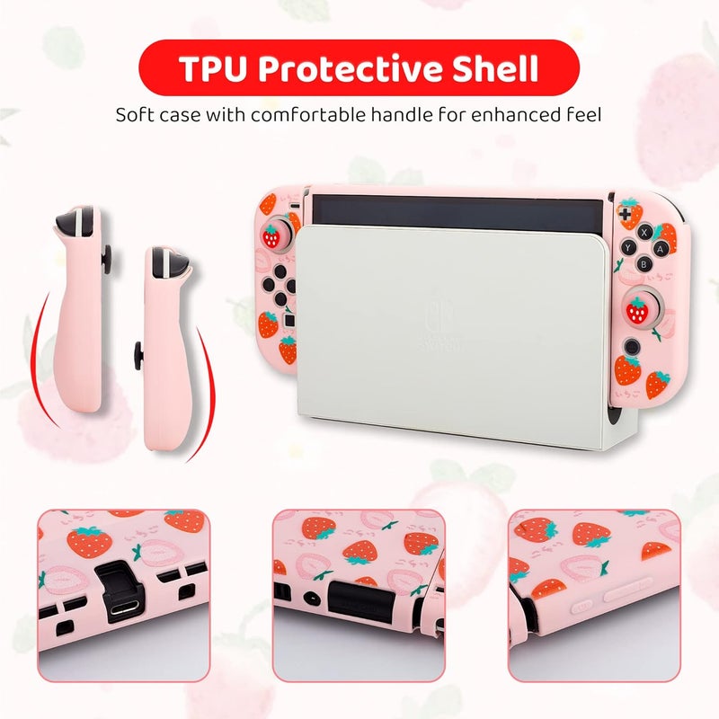 F'DIARY Pink Strawberry Travel Carrying Case for Nintendo Switch OLED, Portable Accessories Kit with Shouckproof Storage Bag, Soft TPU Protective Case, Screen Protector, Shoulder Strap & 2 Thumb Caps - Image 5